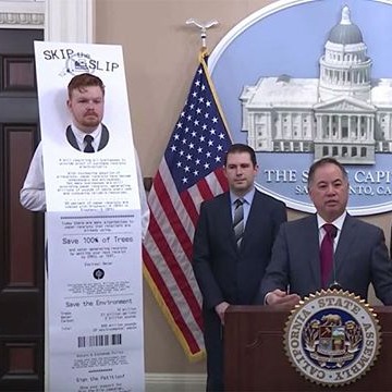 Will this human dressed as a receipt convince Californians to ban paper receipts?